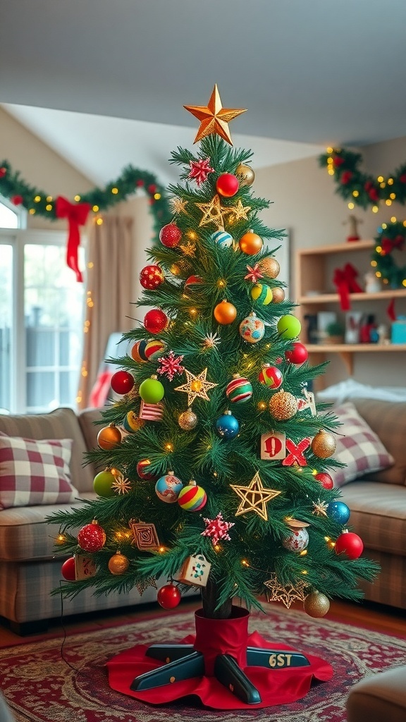 DIY Christmas Tree Using Recycled Materials A DIY Christmas tree made from recycled materials, decorated with lights and ornaments in a festive living room.